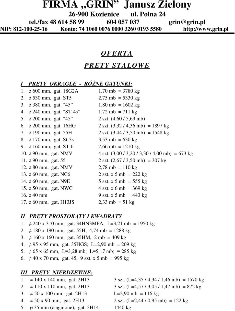 St-3s 3,53 mb = 630 kg 9. ø 160 mm, gat. ST-6 7,66 mb = 1210 kg 10. ø 90 mm, gat. NMV 4 szt. (3,00 / 3,20 / 3,30 / 4,00 mb) = 673 kg 11. ø 90 mm, gat. 55 2 szt. (2,67 / 3,50 mb) = 307 kg 12.