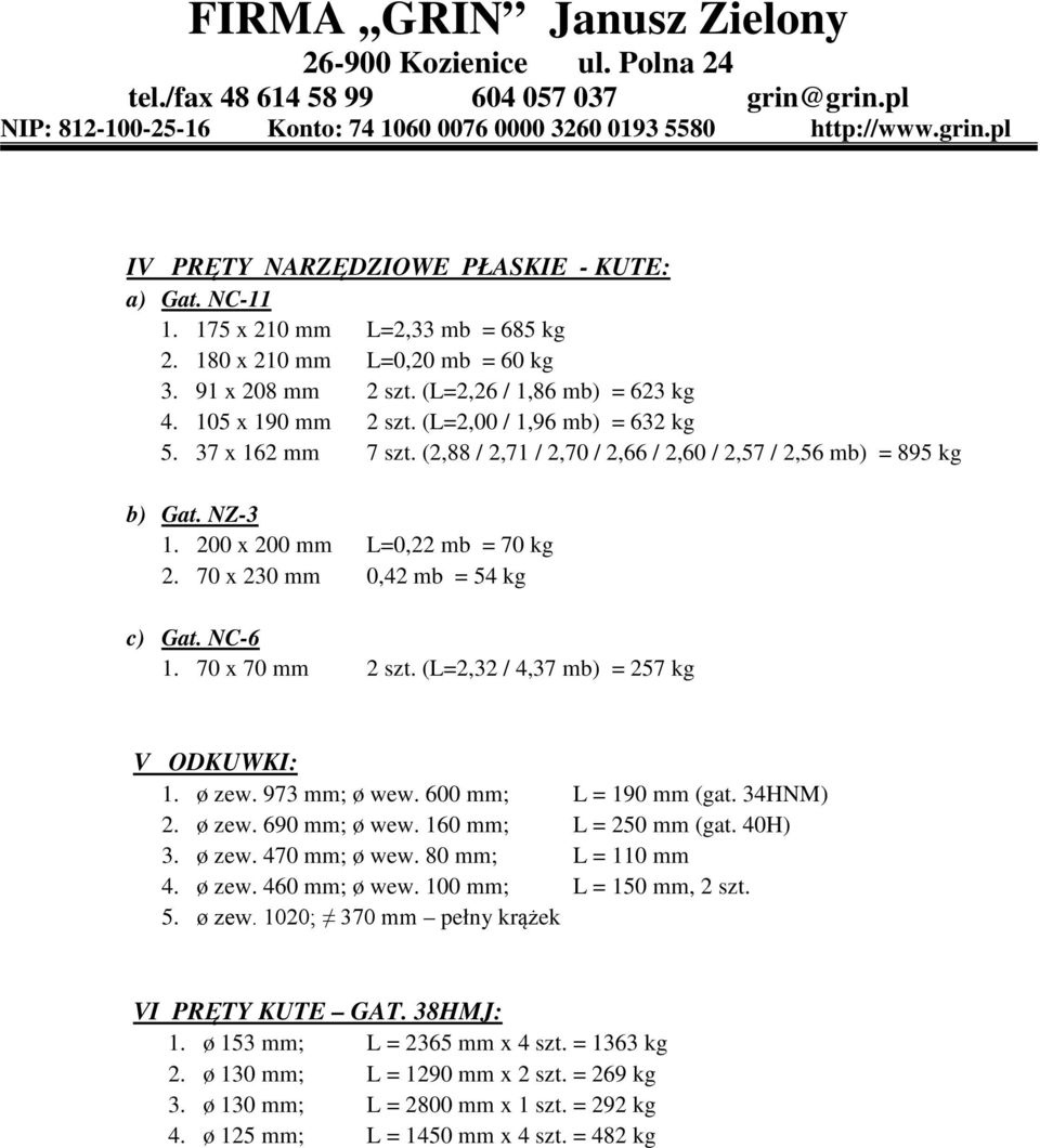NC-6 1. 70 x 70 mm 2 szt. (L=2,32 / 4,37 mb) = 257 kg V ODKUWKI: 1. ø zew. 973 mm; ø wew. 600 mm; L = 190 mm (gat. 34HNM) 2. ø zew. 690 mm; ø wew. 160 mm; L = 250 mm (gat. 40H) 3. ø zew. 470 mm; ø wew.