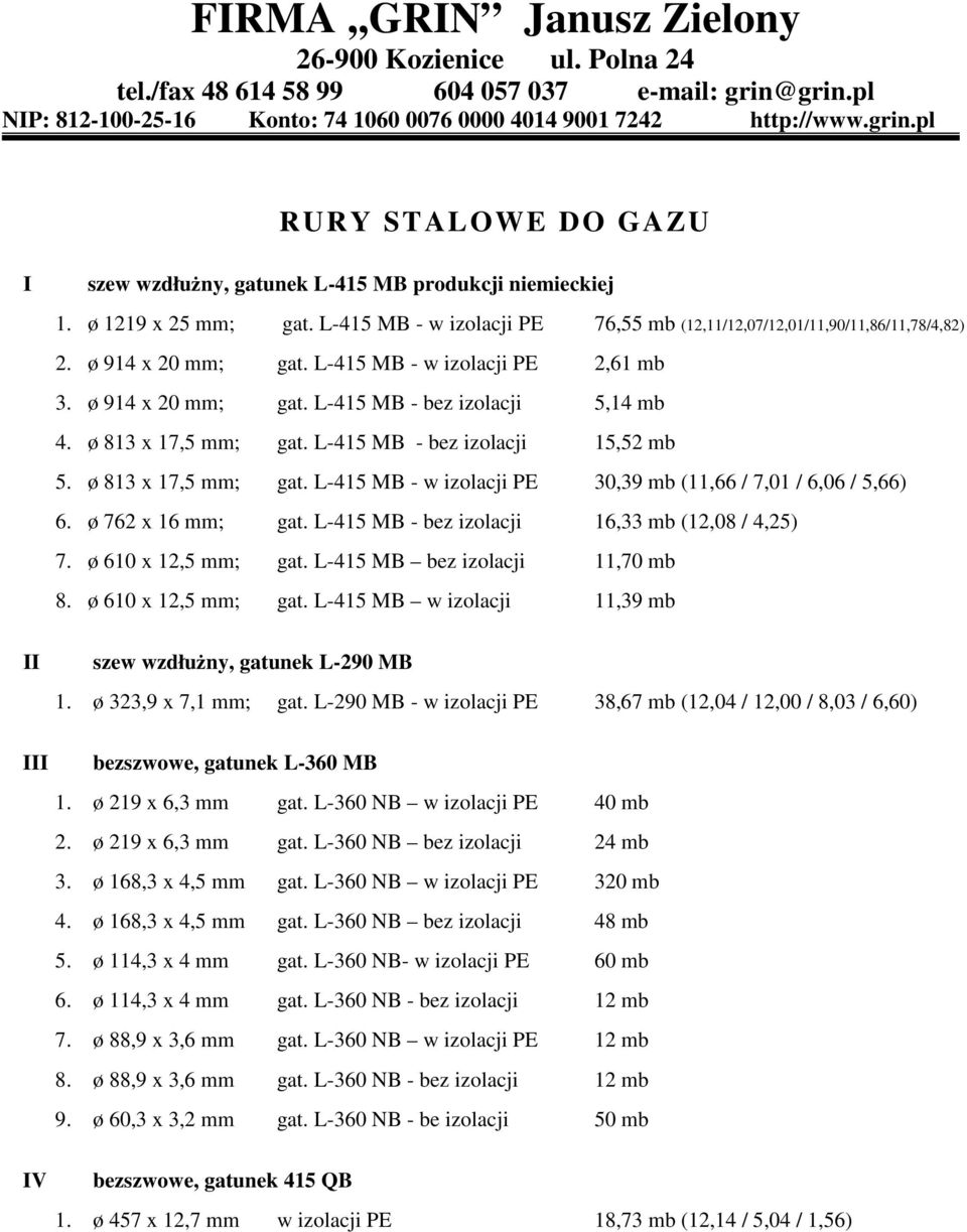 ø 813 x 17,5 mm; gat. L-415 MB - bez izolacji 15,52 mb 5. ø 813 x 17,5 mm; gat. L-415 MB - w izolacji PE 30,39 mb (11,66 / 7,01 / 6,06 / 5,66) 6. ø 762 x 16 mm; gat.