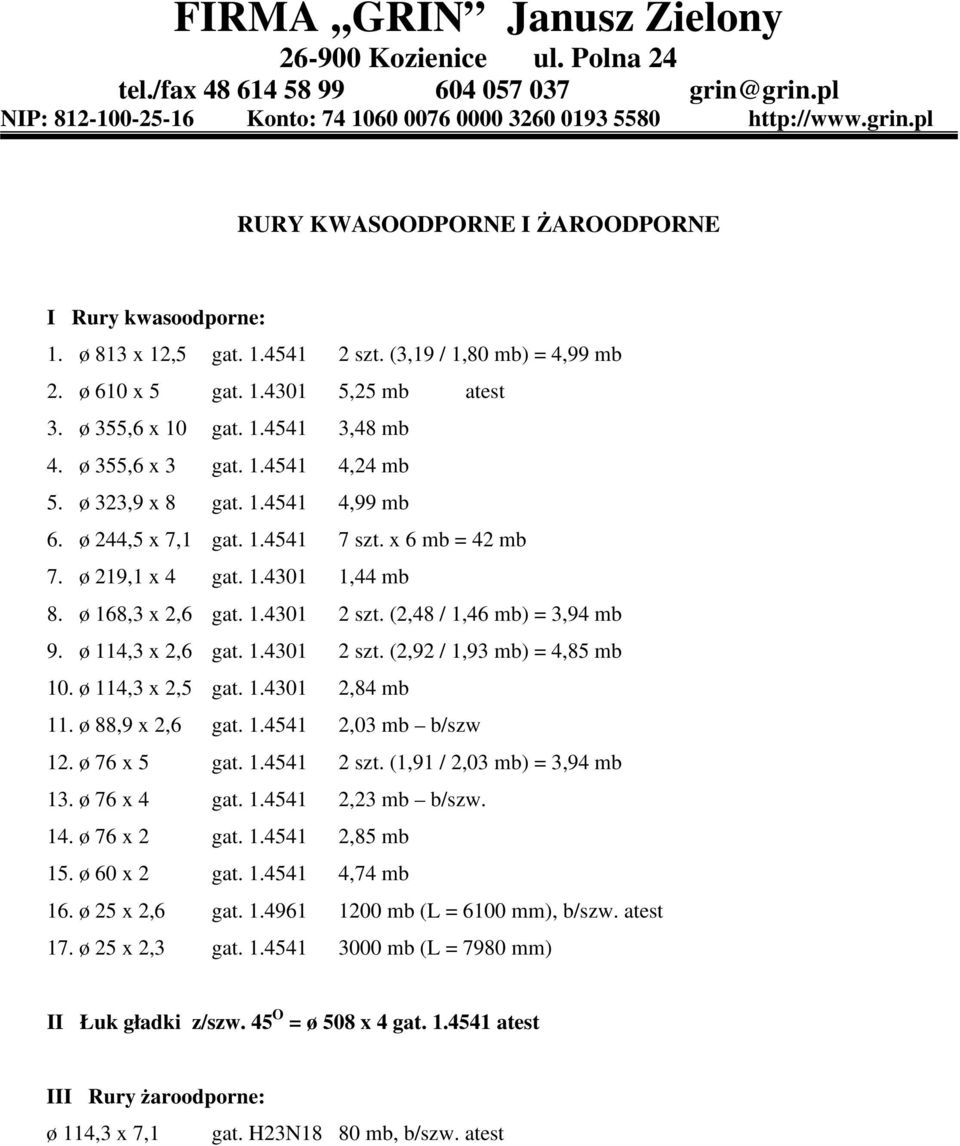 (2,48 / 1,46 mb) = 3,94 mb 9. ø 114,3 x 2,6 gat. 1.4301 2 szt. (2,92 / 1,93 mb) = 4,85 mb 10. ø 114,3 x 2,5 gat. 1.4301 2,84 mb 11. ø 88,9 x 2,6 gat. 1.4541 2,03 mb b/szw 12. ø 76 x 5 gat. 1.4541 2 szt.