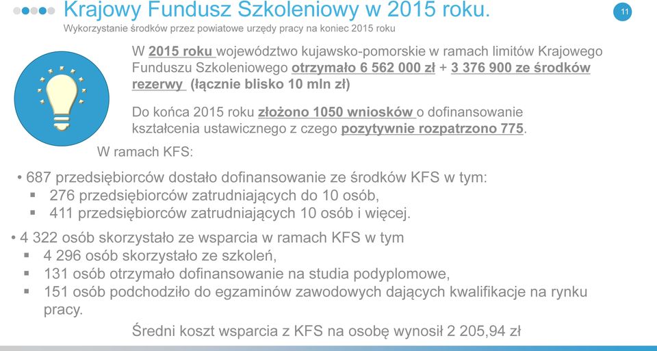 900 ze środków rezerwy (łącznie blisko 10 mln zł) Do końca 2015 roku złożono 1050 wniosków o dofinansowanie kształcenia ustawicznego z czego pozytywnie rozpatrzono 775.