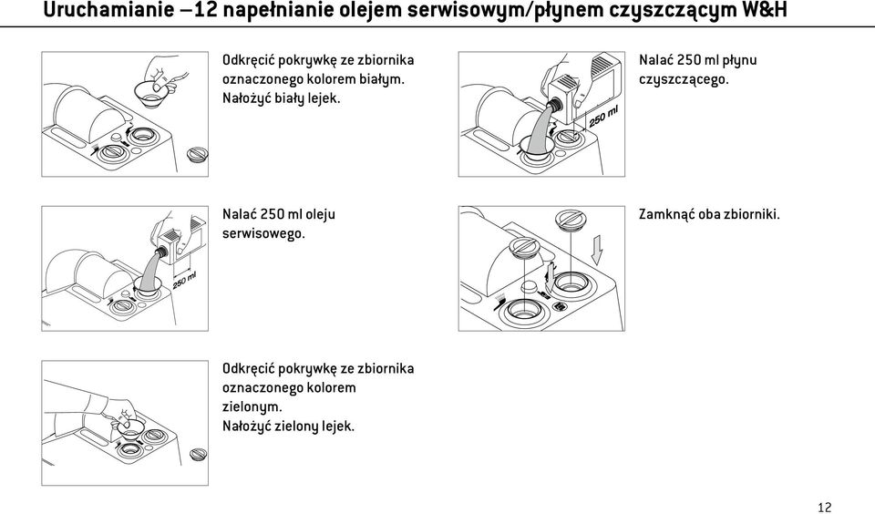 Nalać 250 ml płynu czyszczącego. Nalać 250 ml oleju serwisowego.