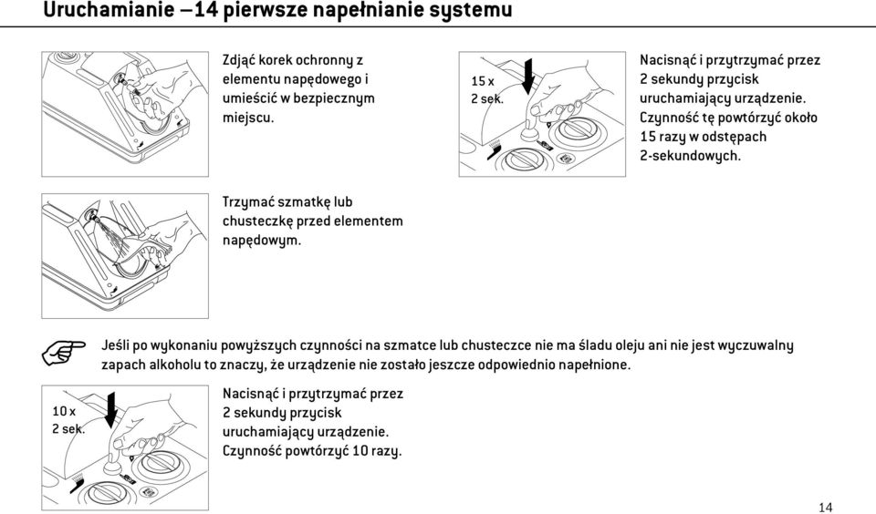 Trzymać szmatkę lub chusteczkę przed elementem napędowym. 10 x 2 sek.