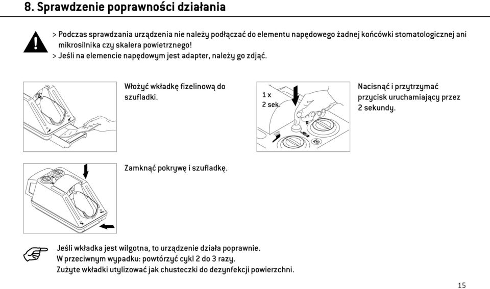 Włożyć wkładkę fizelinową do szufladki. 1 x 2 sek. Nacisnąć i przytrzymać przycisk uruchamiający przez 2 sekundy. Zamknąć pokrywę i szufladkę.
