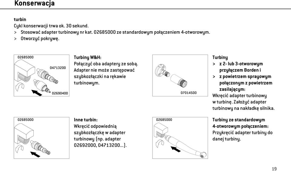 07014500 Turbiny > z 2- lub 3-otworowym przyłączem Borden i > z powietrzem sprayowym połączonym z powietrzem zasilającym: Wkręcić adapter turbinowy w turbinę.
