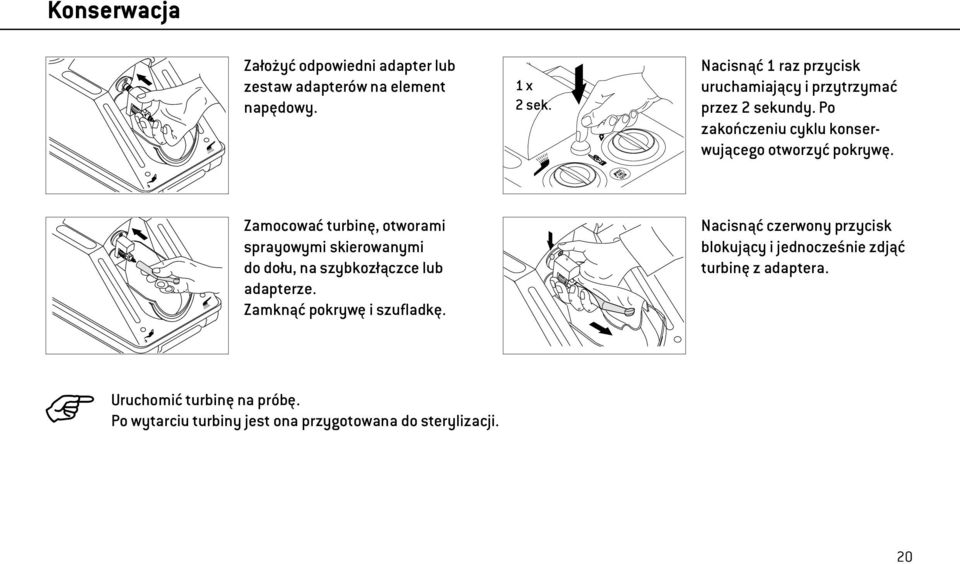 Zamocować turbinę, otworami sprayowymi skierowanymi do dołu, na szybkozłączce lub adapterze. Zamknąć pokrywę i szufladkę.