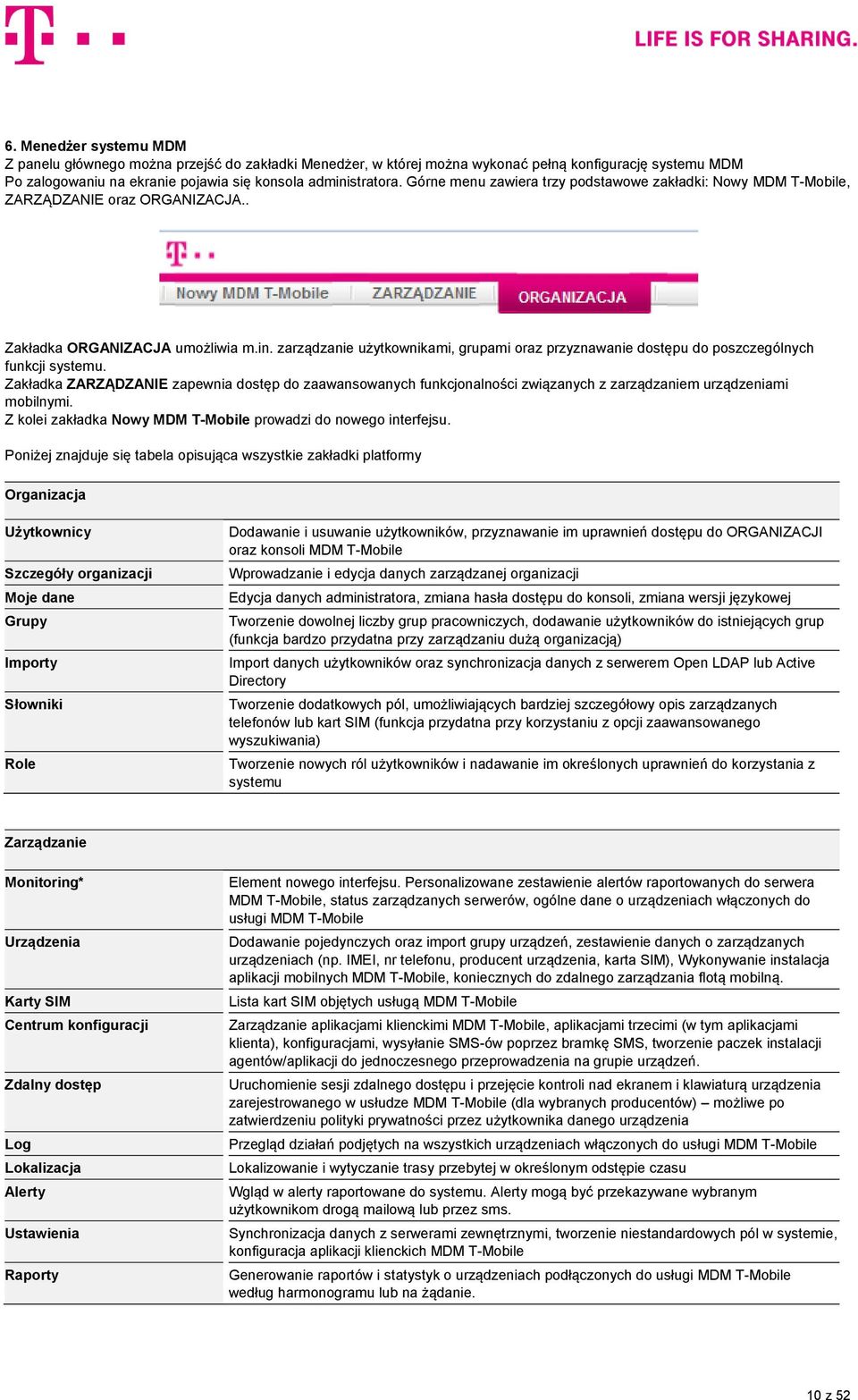 zarządzanie użytkownikami, grupami oraz przyznawanie dostępu do poszczególnych funkcji systemu.