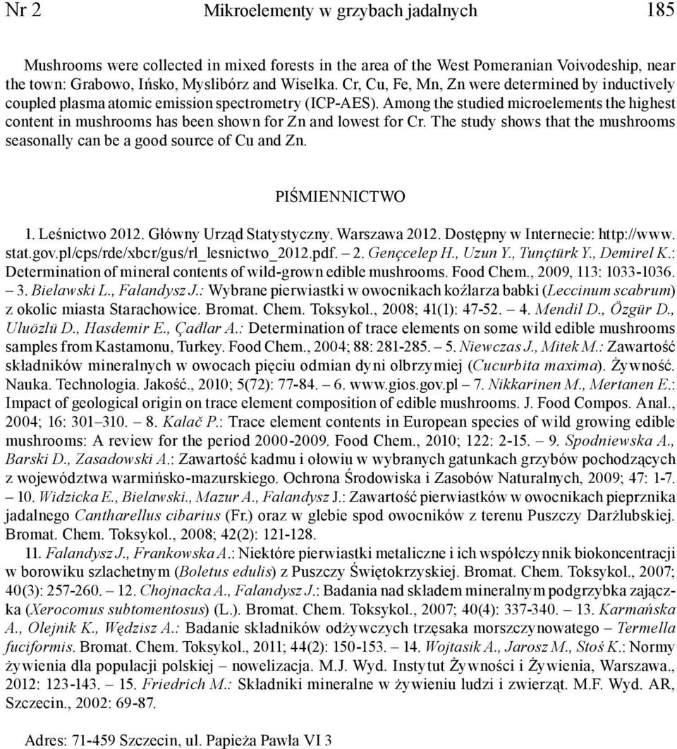 Among the studied microelements the highest content in mushrooms has been shown for Zn and lowest for Cr. The study shows that the mushrooms seasonally can be a good source of Cu and Zn.