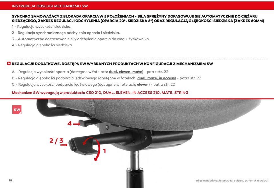 3 - Automatyczne dostosowanie siły odchylenia oparcia do wagi użytkownika. 4 - Regulacja głębokości siedziska.