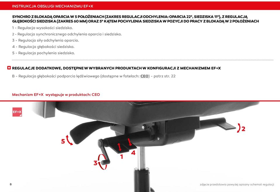 3 - Regulacja siły odchylenia oparcia. 4 - Regulacja głębokości siedziska. 5 - Regulacja pochylenia siedziska.