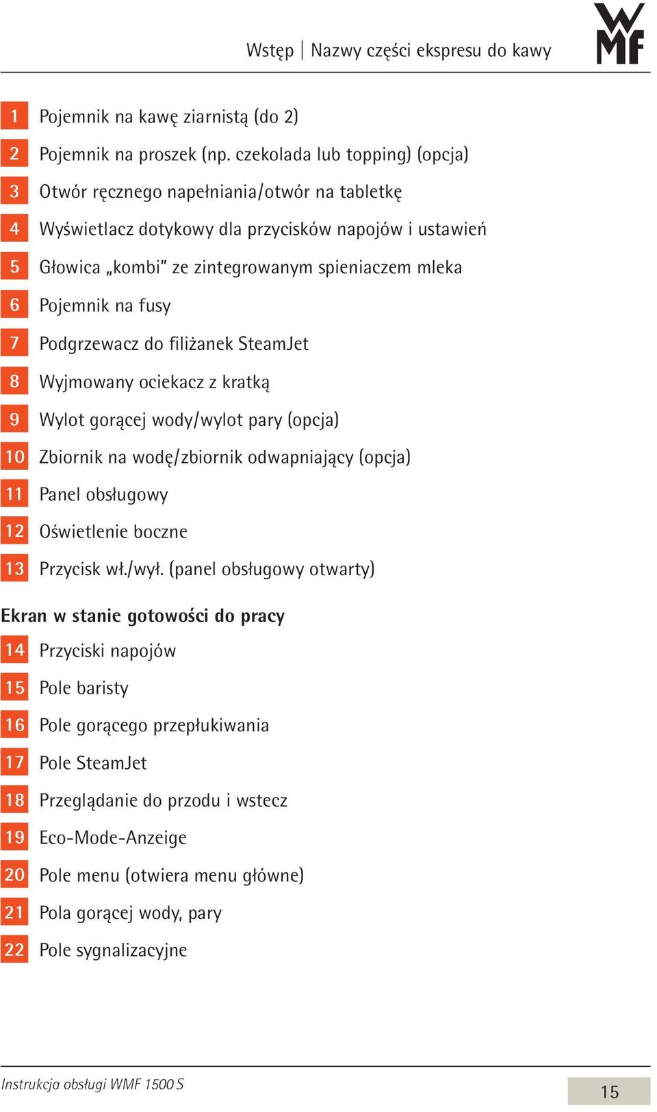 na fusy 7 Podgrzewacz do filiżanek SteamJet 8 Wyjmowany ociekacz z kratką 9 Wylot gorącej wody / wylot pary (opcja) 10 Zbiornik na wodę / zbiornik odwapniający (opcja) 11 Panel obsługowy 12