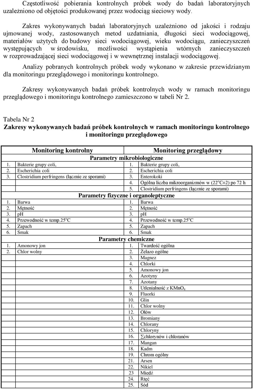 wodociągowej, wieku wodociągu, zanieczyszczeń występujących w środowisku, możliwości wystąpienia wtórnych zanieczyszczeń w rozprowadzającej sieci wodociągowej i w wewnętrznej instalacji wodociągowej.