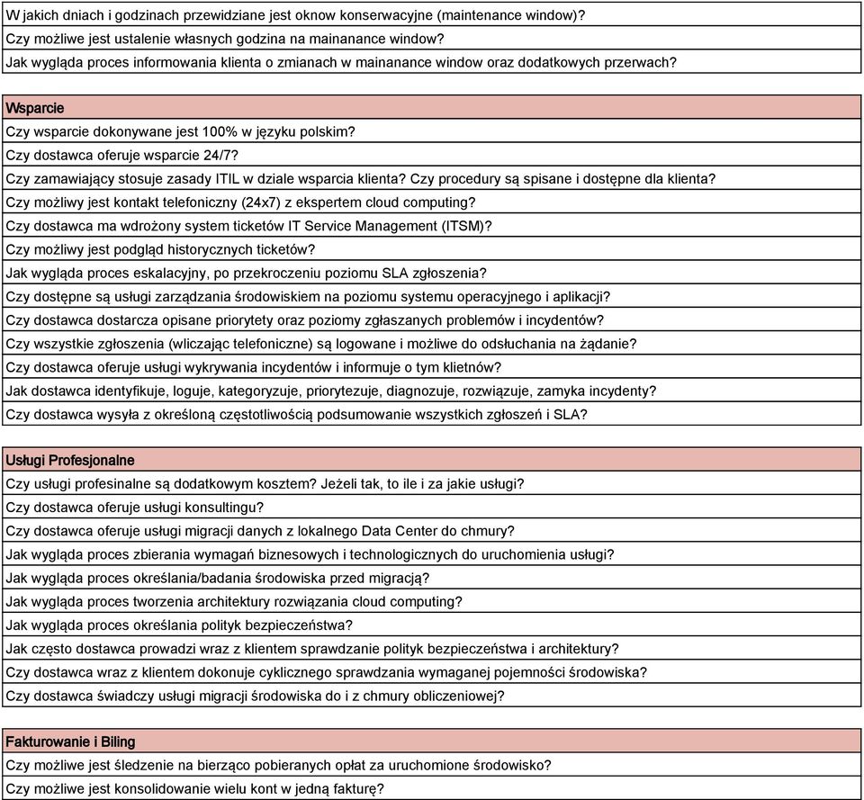 Czy zamawiający stosuje zasady ITIL w dziale wsparcia klienta? Czy procedury są spisane i dostępne dla klienta? Czy możliwy jest kontakt telefoniczny (24x7) z ekspertem cloud computing?