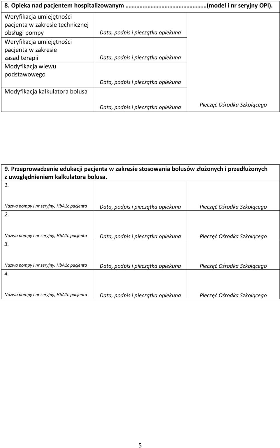 pacjenta w zakresie zasad terapii Modyfikacja wlewu podstawowego Modyfikacja kalkulatora bolusa 9.