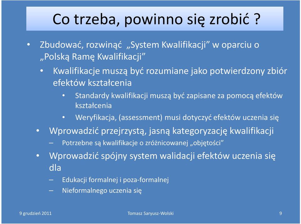 efektów kształcenia Standardy kwalifikacji muszą być zapisane za pomocą efektów kształcenia Weryfikacja, (assessment) musi dotyczyć