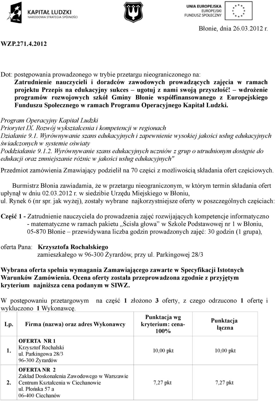 nami swoją przyszłość! wdrożenie programów rozwojowych szkół Gminy Błonie współfinansowanego z Europejskiego Funduszu Społecznego w ramach Programu Operacyjnego Kapitał Ludzki.