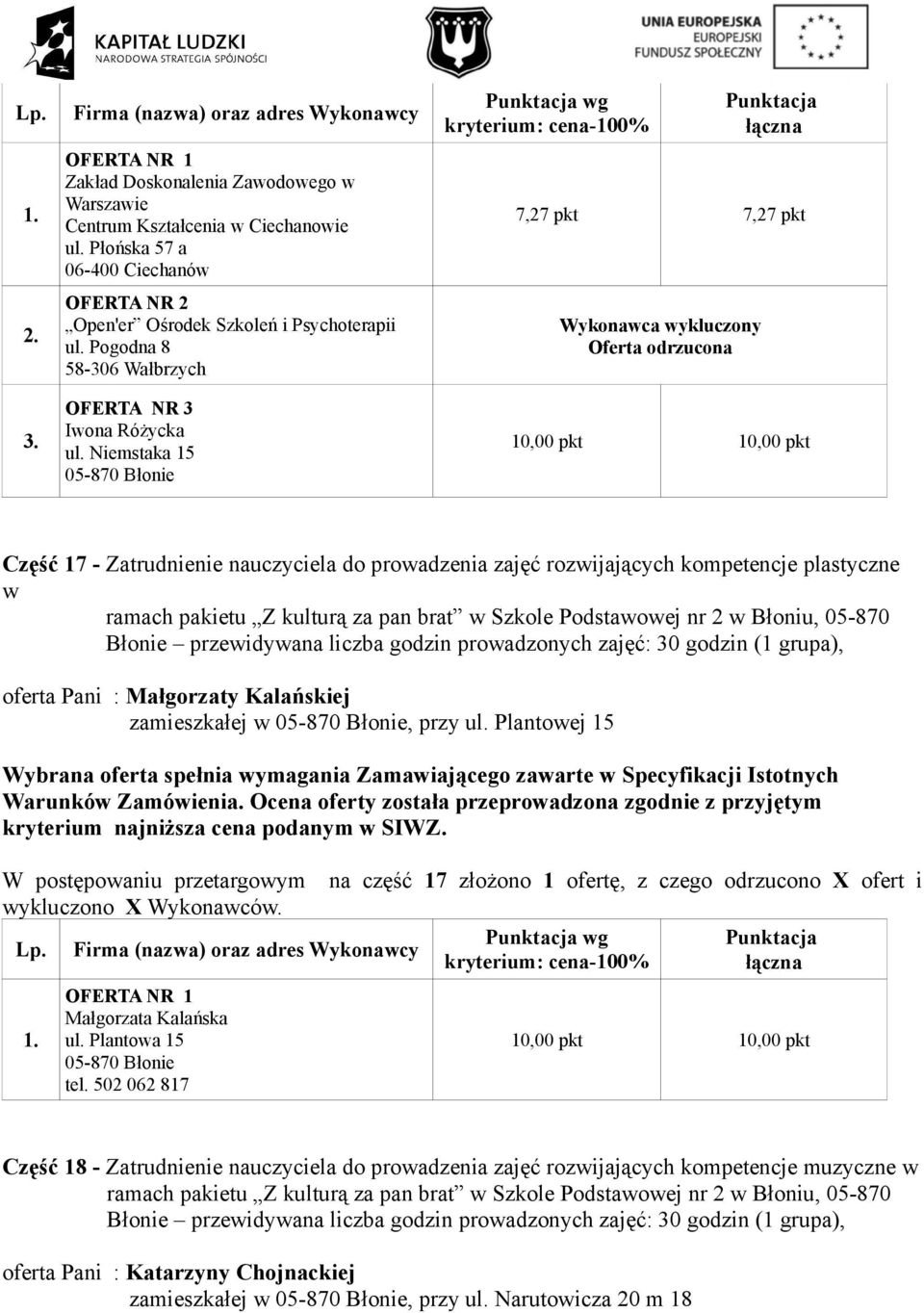 Błoniu, 05-870 Błonie przewidywana liczba godzin prowadzonych zajęć: 30 godzin (1 grupa), oferta Pani : Małgorzaty Kalańskiej zamieszkałej w, przy ul.