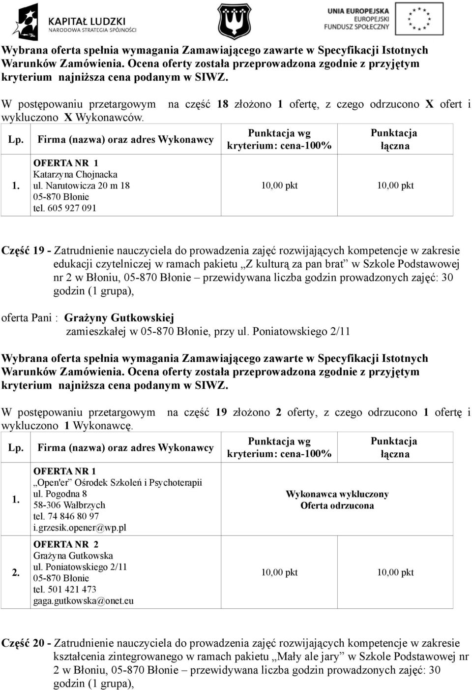 Błoniu, przewidywana liczba godzin prowadzonych zajęć: 30 godzin (1 grupa), oferta Pani : Grażyny Gutkowskiej zamieszkałej w, przy ul.