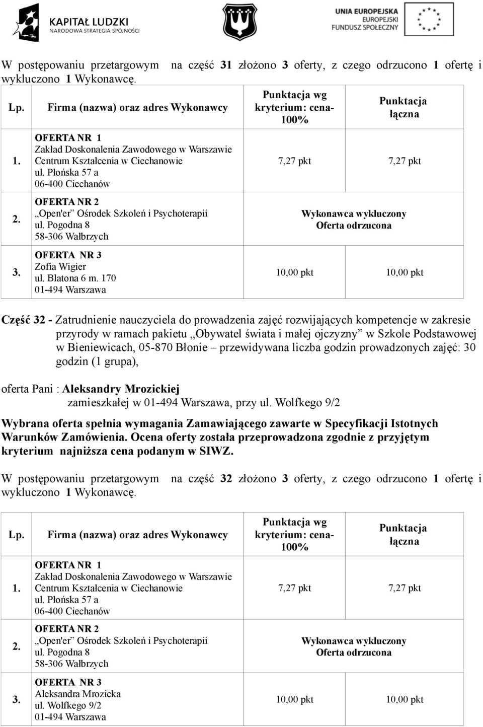 małej ojczyzny w Szkole Podstawowej w Bieniewicach, przewidywana liczba godzin prowadzonych zajęć: 30 godzin (1 grupa), oferta Pani : Aleksandry Mrozickiej zamieszkałej w 01-494