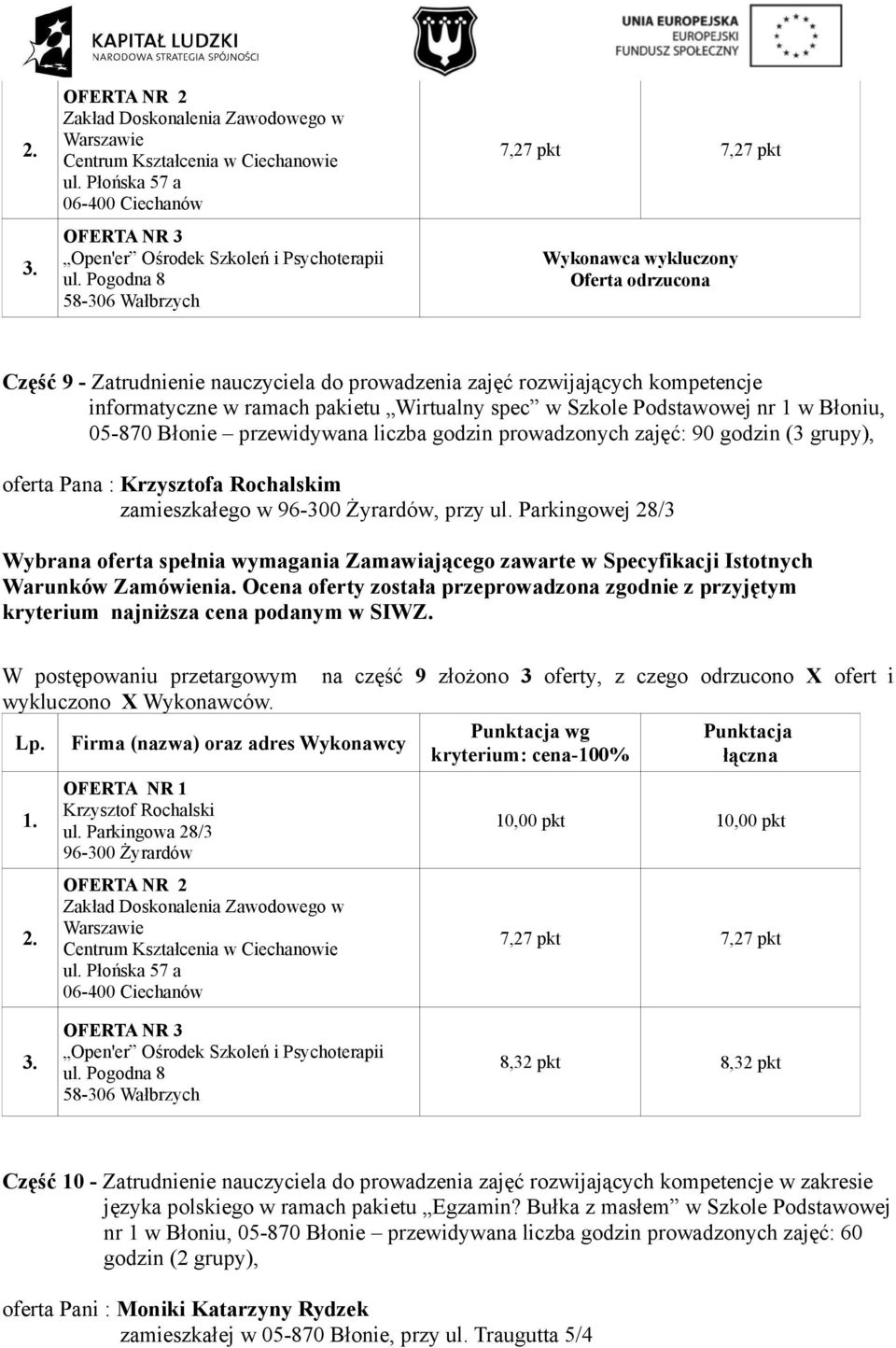 Parkingowej 28/3 W postępowaniu przetargowym na część 9 złożono 3 oferty, z czego odrzucono X ofert i Krzysztof Rochalski ul.