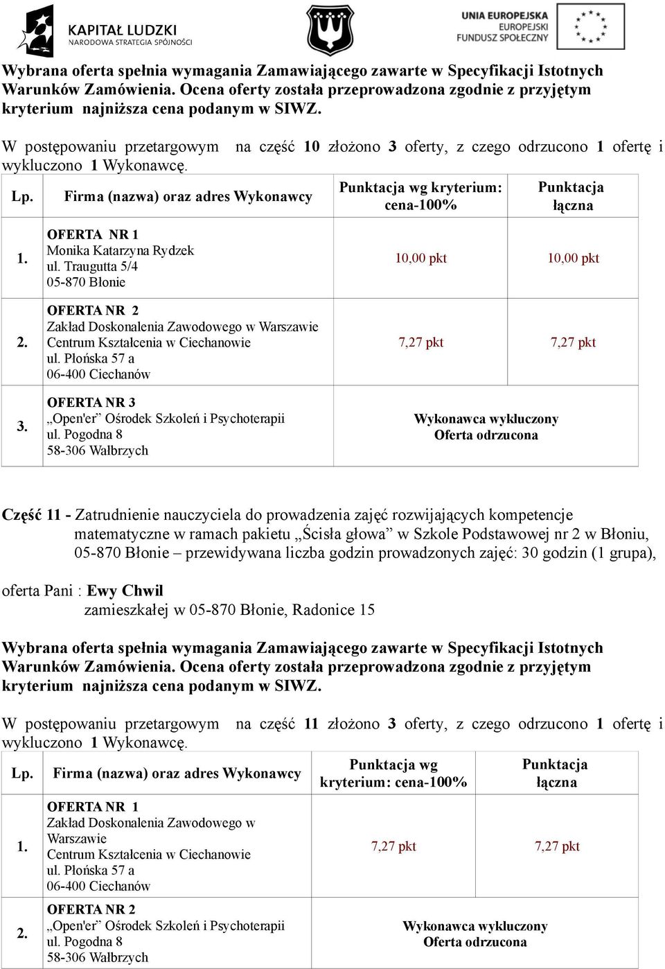 w Szkole Podstawowej nr 2 w Błoniu, przewidywana liczba godzin prowadzonych zajęć: 30 godzin (1 grupa), oferta Pani : Ewy Chwil zamieszkałej w, Radonice 15 W