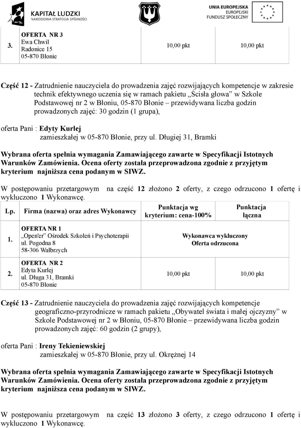 Długiej 31, Bramki W postępowaniu przetargowym na część 12 złożono 2 oferty, z czego odrzucono 1 ofertę i wykluczono 1 Wykonawcę. Edyta Kurlej ul.