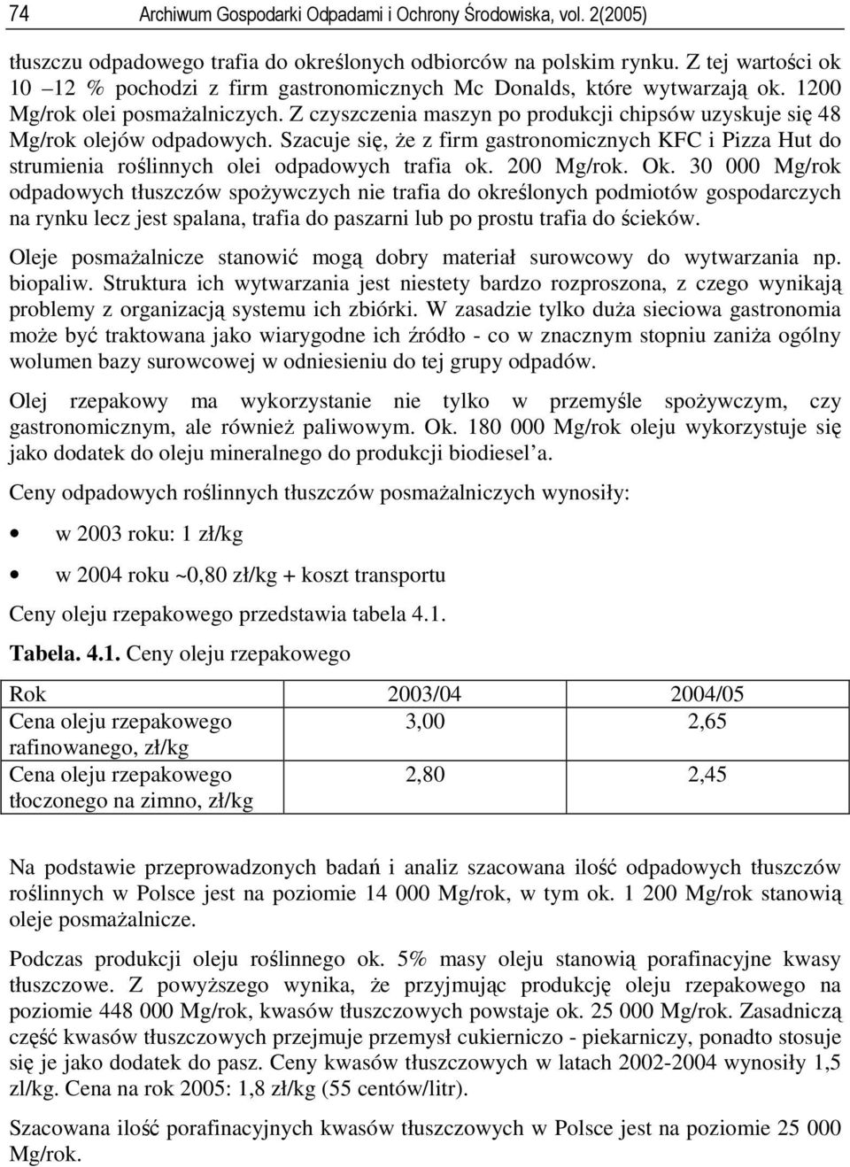 Z czyszczenia maszyn po produkcji chipsów uzyskuje się 48 Mg/rok olejów odpadowych. Szacuje się, że z firm gastronomicznych KFC i Pizza Hut do strumienia roślinnych olei odpadowych trafia ok.