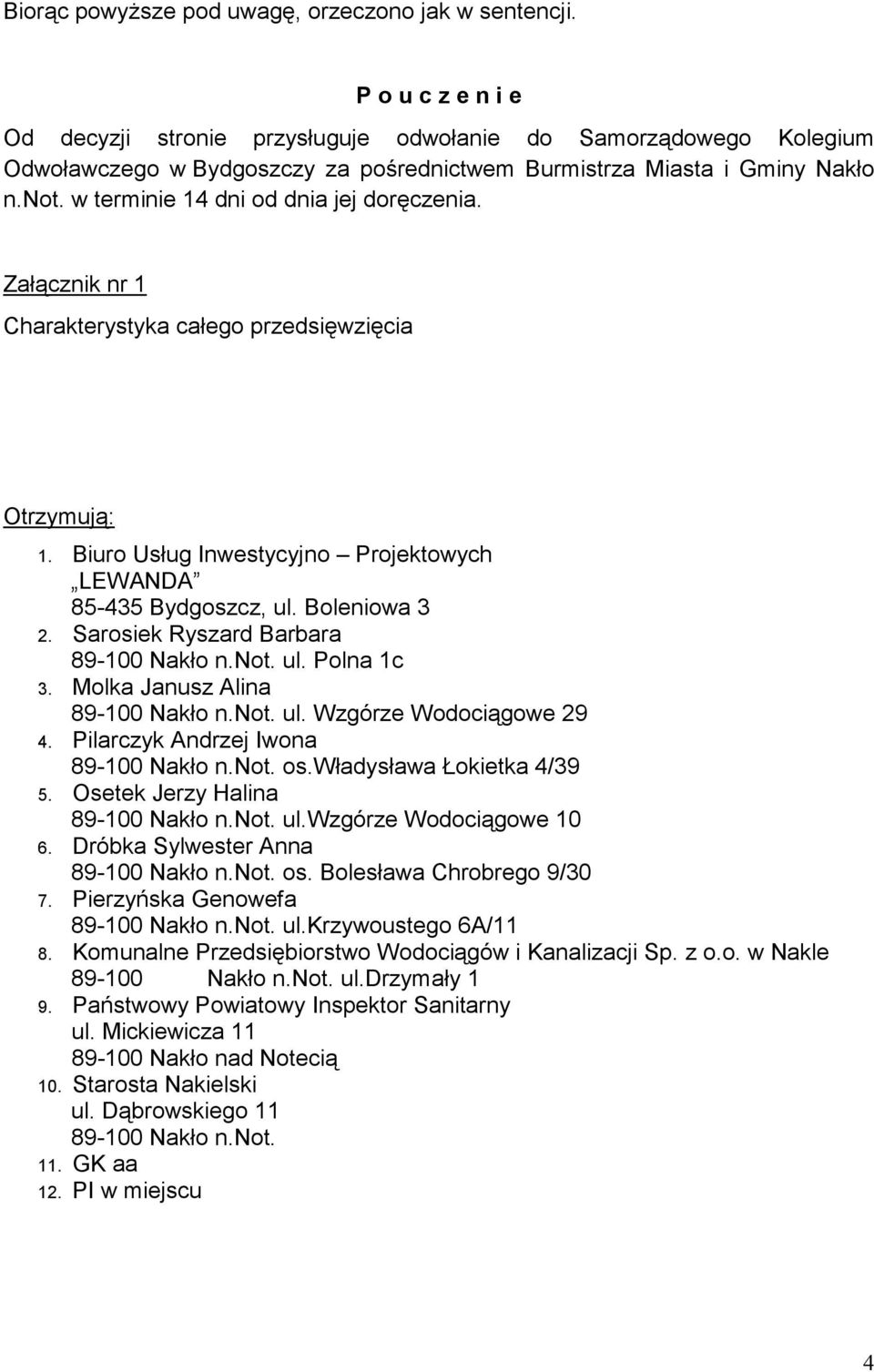 w terminie 14 dni od dnia jej doręczenia. Załącznik nr 1 Charakterystyka całego przedsięwzięcia Otrzymują: 1. Biuro Usług Inwestycyjno Projektowych LEWANDA 85-435 Bydgoszcz, ul. Boleniowa 3 2.