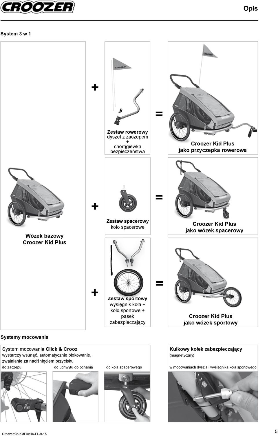 Croozer Kid Plus jako wózek sportowy Systemy mocowania System mocowania Click & Crooz wystarczy wsunąć, automatycznie blokowanie, Kulkowy kołek