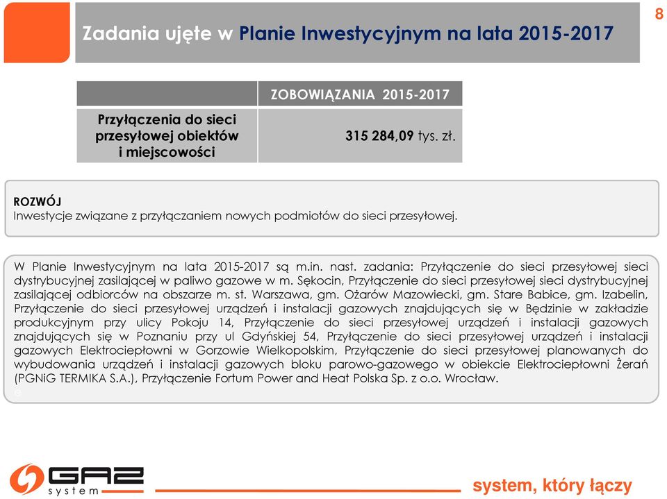 zadania: Przyłączenie do sieci przesyłowej sieci dystrybucyjnej zasilającej w paliwo gazowe w m. Sękocin, Przyłączenie do sieci przesyłowej sieci dystrybucyjnej zasilającej odbiorców na obszarze m.