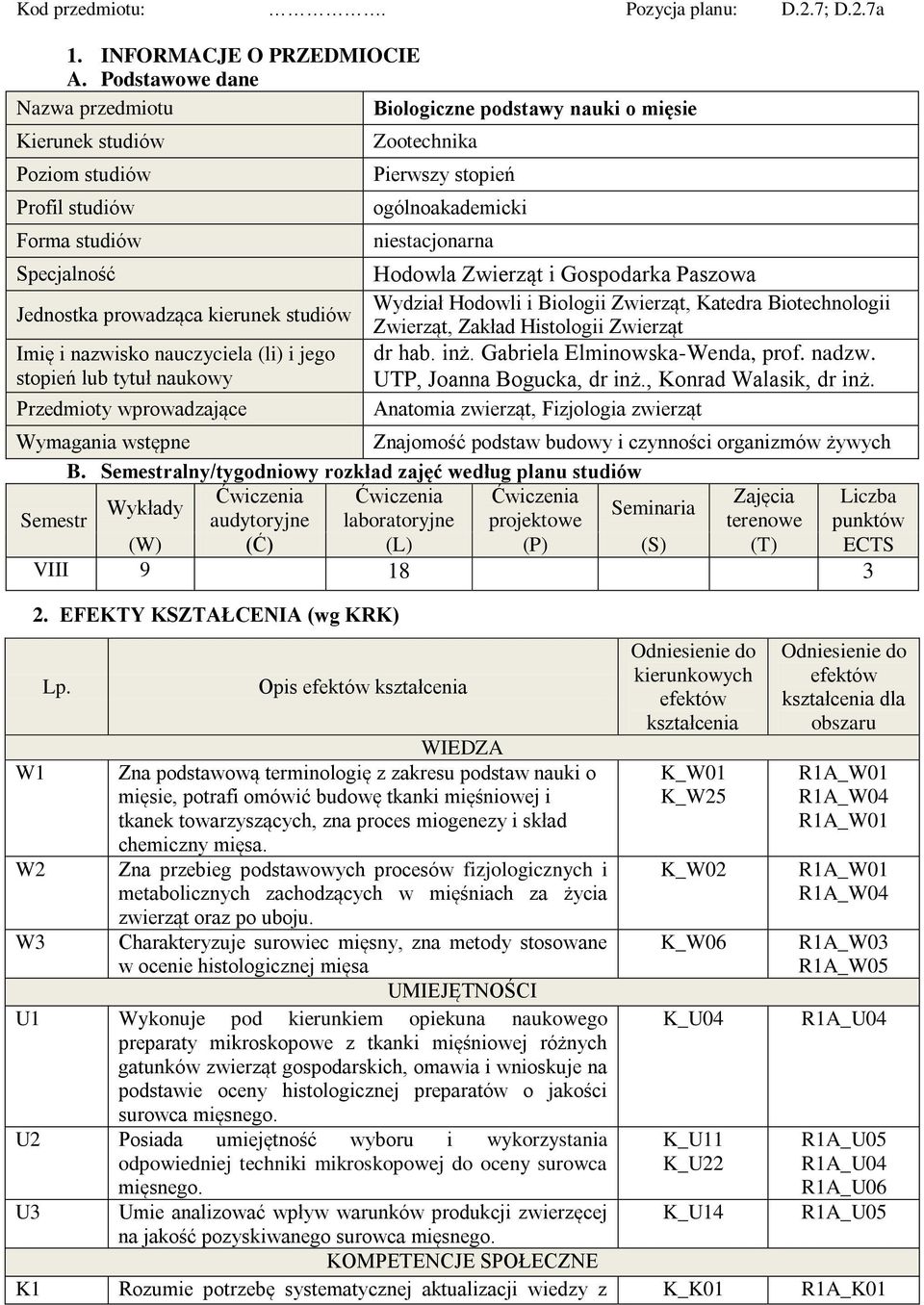 nauczyciela (li) i jego stopień lub tytuł naukowy Przedmioty wprowadzające Zootechnika Pierwszy stopień ogólnoakademicki niestacjonarna Hodowla Zwierząt i Gospodarka Paszowa Wydział Hodowli i