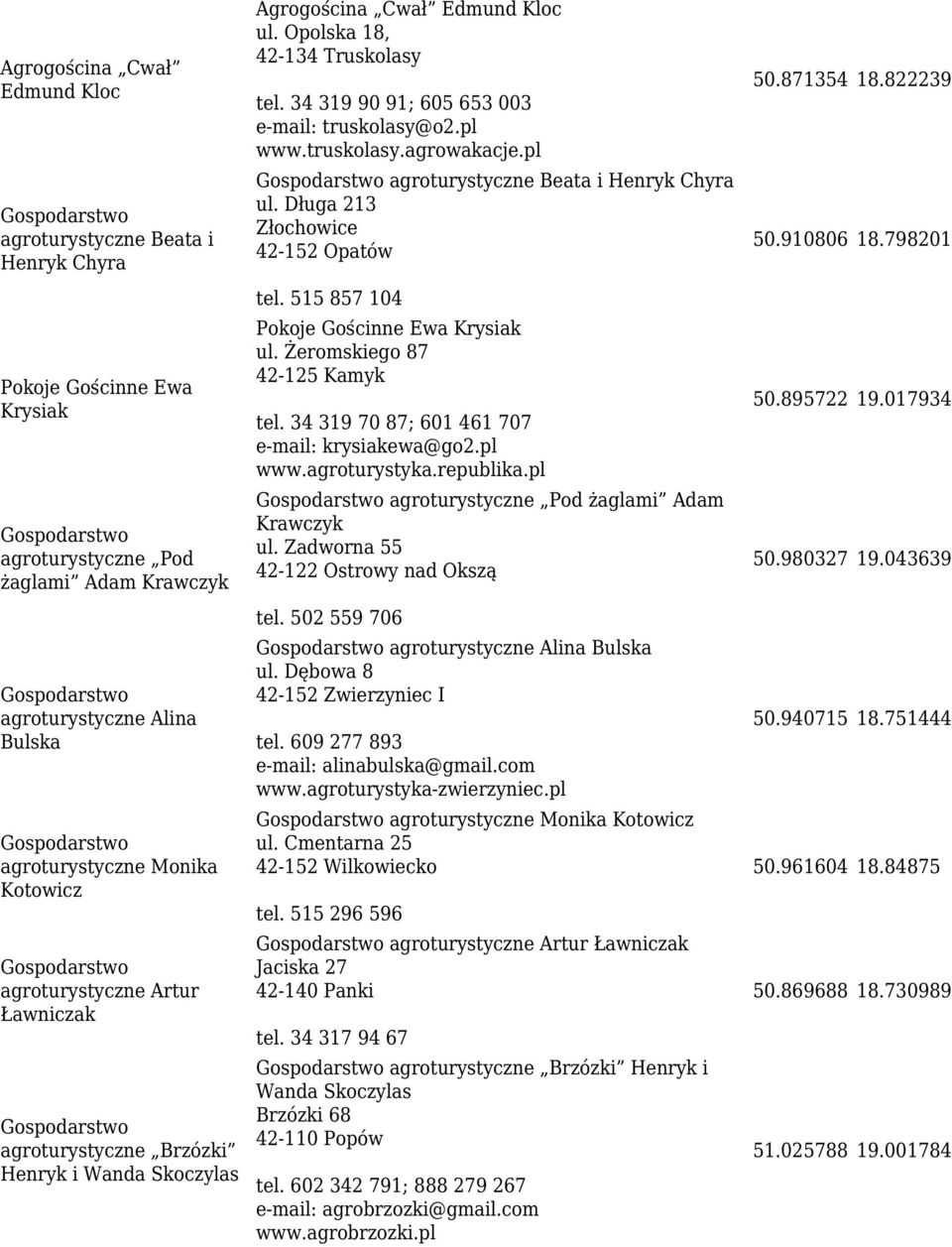 Opolska 18, 42-134 Truskolasy tel. 34 319 90 91; 605 653 003 e-mail: truskolasy@o2.pl www.truskolasy.agrowakacje.pl Gospodarstwo agroturystyczne Beata i Henryk Chyra ul.