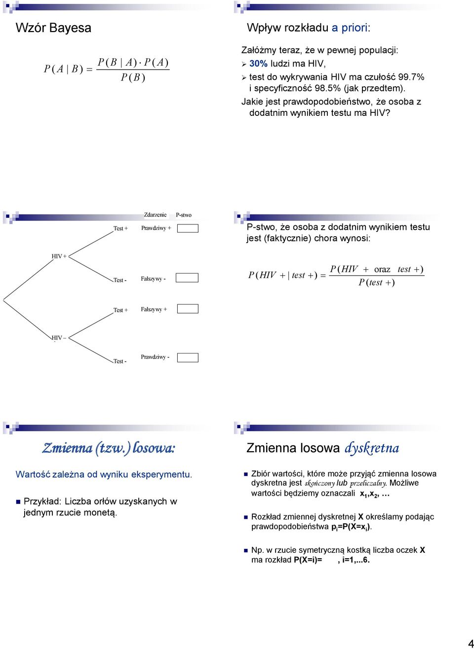 Zdarzenie P-stwo Test + Prawdziwy + P-stwo, że osoba z dodatnim wynikiem testu jest (faktycznie) chora wynosi: HIV + Test - Fałszywy - P ( HIV test ) P ( HIV oraz test ) P ( test ) Test + Fałszywy +