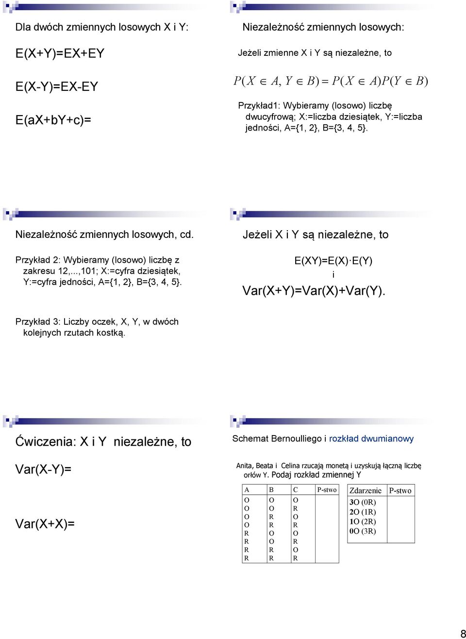 ..,101; X:=cyfra dziesiątek, Y:=cyfra jedności, A={1, 2}, B={3, 4, 5}. Jeżeli X i Y są niezależne, to E(XY)=E(X) E(Y) i Var(X+Y)=Var(X)+Var(Y).