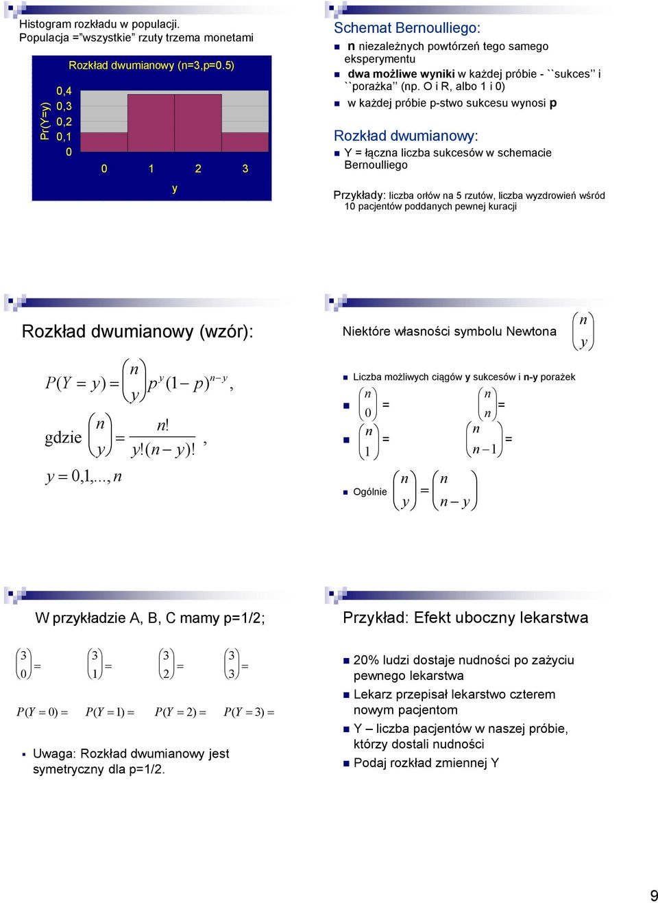 i, albo 1 i 0) w każdej próbie p-stwo sukcesu wynosi p ozkład dwumianowy: Y = łączna liczba sukcesów w schemacie Bernoulliego Przykłady: liczba orłów na 5 rzutów, liczba wyzdrowień wśród 10 pacjentów