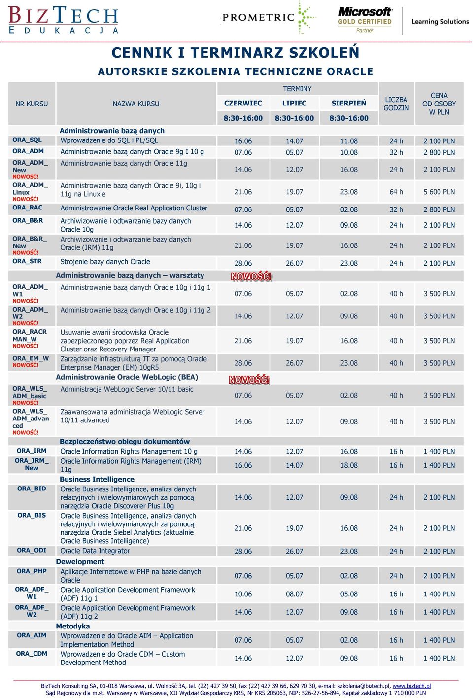 08 32 h 2 800 PLN New Linux Administrowanie bazą danych Oracle 11g 14.06 12.07 16.08 24 h 2 100 PLN Administrowanie bazą danych Oracle 9i, 10g i 11g na Linuxie 21.06 19.07 23.