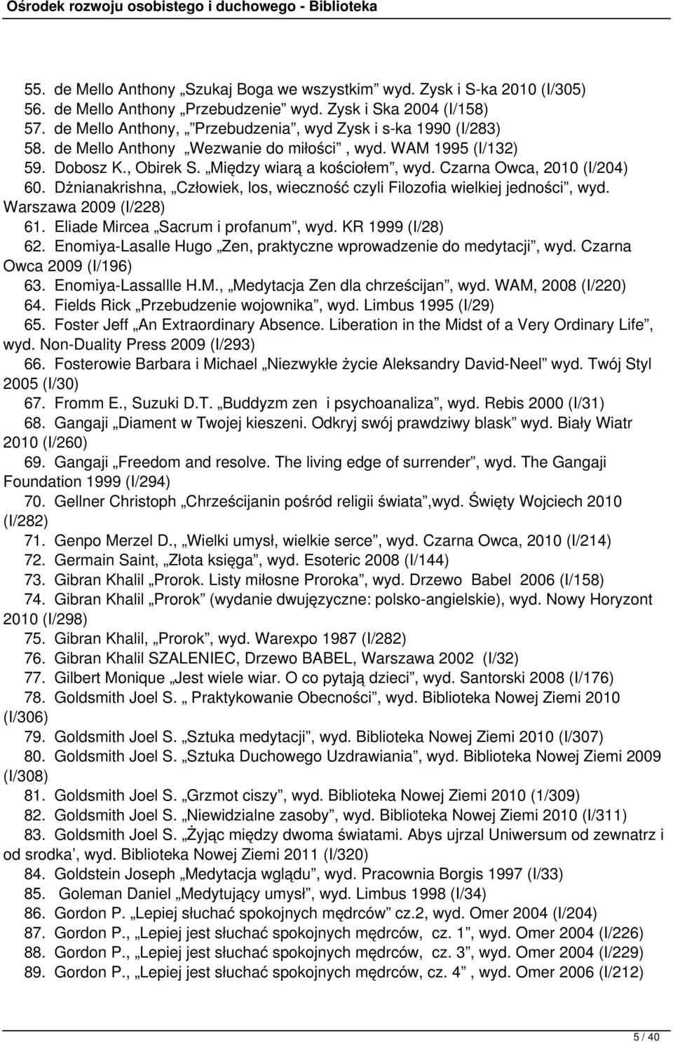Czarna Owca, 2010 (I/204) 60. Dżnianakrishna, Człowiek, los, wieczność czyli Filozofia wielkiej jedności, wyd. Warszawa 2009 (I/228) 61. Eliade Mircea Sacrum i profanum, wyd. KR 1999 (I/28) 62.