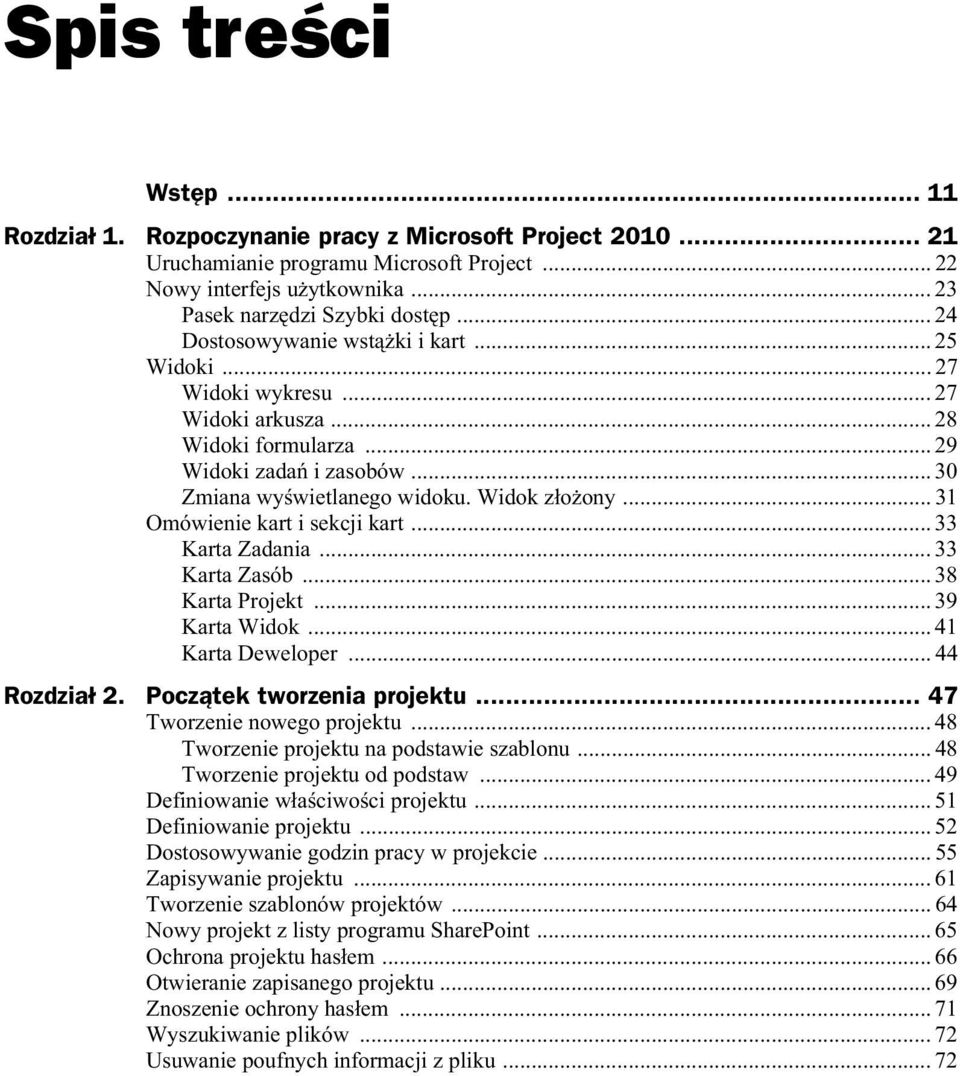 .. 31 Omówienie kart i sekcji kart... 33 Karta Zadania... 33 Karta Zasób... 38 Karta Projekt... 39 Karta Widok... 41 Karta Deweloper... 44 Rozdzia 2. Pocz tek tworzenia projektu.