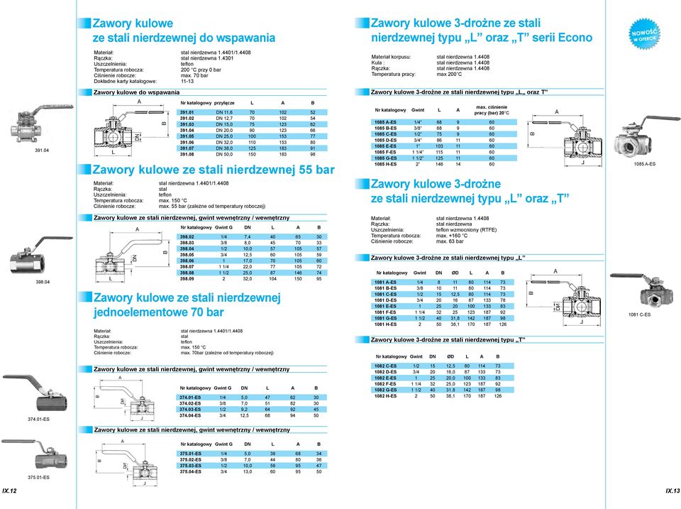 4408 Temperatura pracy: max 200 C Zawory kulowe do wspawania Zawory kulowe 3drożne ze stali nierdzewnej typu L oraz T 391.04 Nr katalogowy przyłącze L A B 391.01 DN 11,6 70 102 52 391.