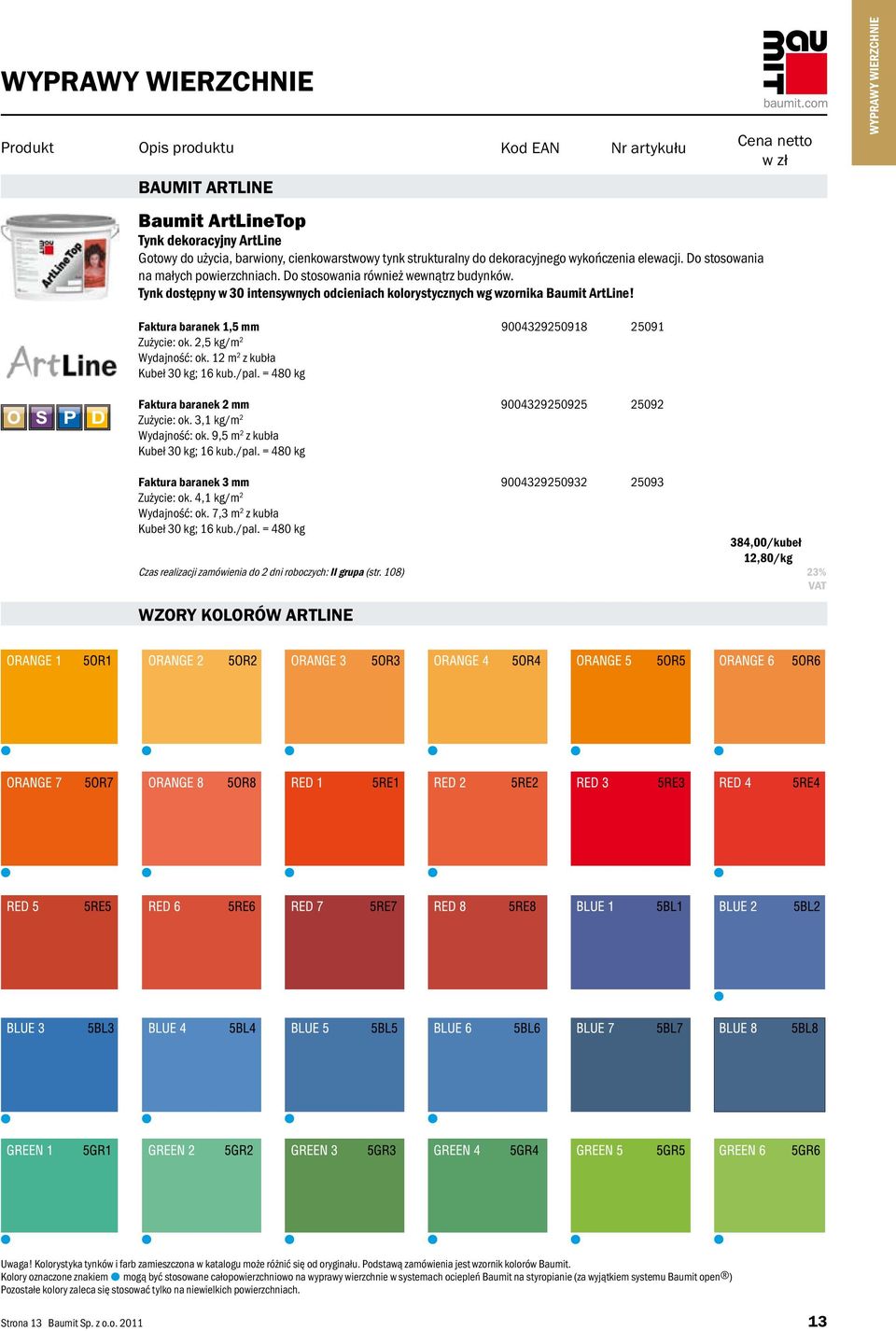 WYPRAWY WIERZCHNIE Faktura baranek 1,5 mm 9004329918 91 Zużycie: ok. 2,5 kg/m 2 Wydajność: ok. 12 m 2 z kubła Kubeł 30 kg; 16 kub./pal. = 480 kg Faktura baranek 2 mm 9004329925 92 Zużycie: ok.