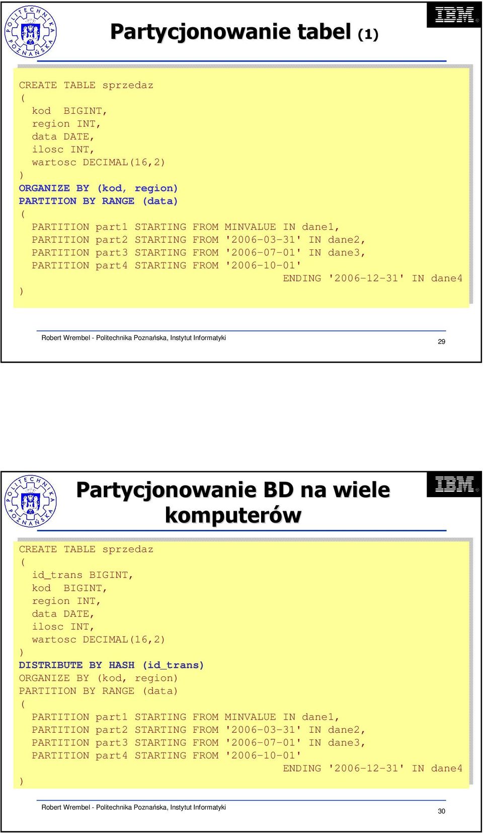 IN IN dane1, dane1, PARTITION PARTITION part2 part2 STARTING STARTING FROM FROM '2006-03-31' '2006-03-31' IN IN dane2, dane2, PARTITION PARTITION part3 part3 STARTING STARTING FROM FROM '2006-07-01'