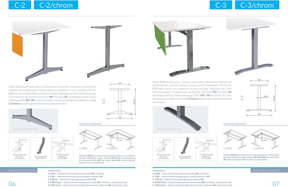 Belki BW i BK do biurek prostych i stołów sprzedawane są oddzielnie. Stelaż C-2/chrom posiada nogi chromowane na całej powierzchni.