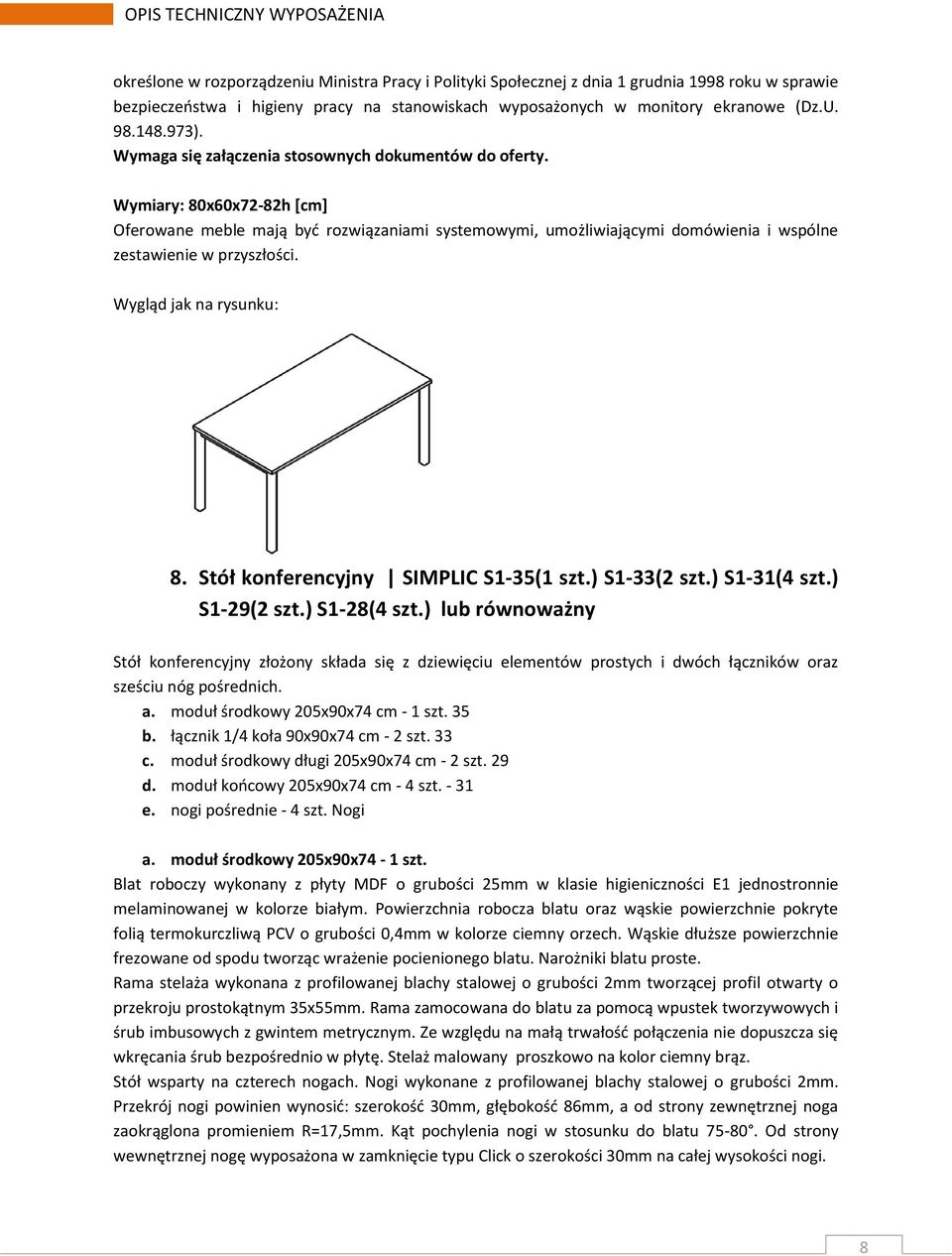 ) lub równoważny Stół konferencyjny złożony składa się z dziewięciu elementów prostych i dwóch łączników oraz sześciu nóg pośrednich. a. moduł środkowy 205x90x74 cm - 1 szt. 35 b.