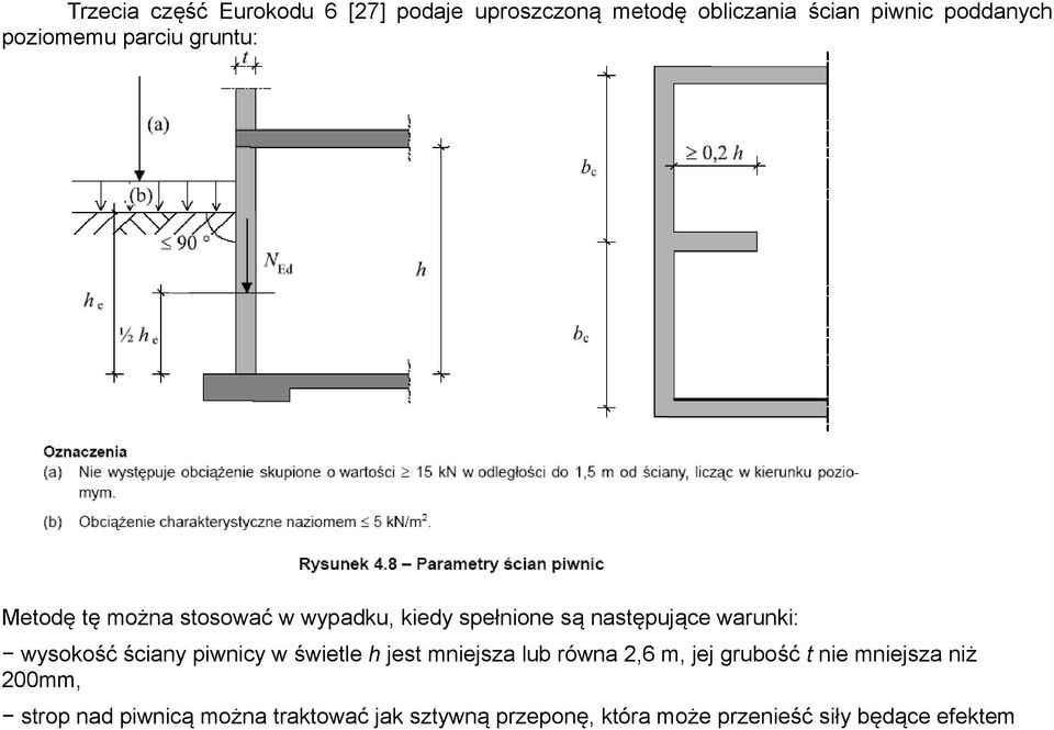 warunki: wysokość ściany piwnicy w świetle h jest mniejsza lub równa 2,6 m, jej grubość t nie