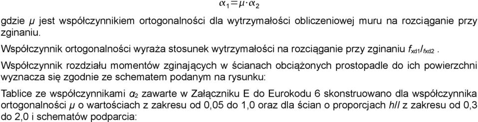 Współczynnik rozdziału momentów zginających w ścianach obciążonych prostopadle do ich powierzchni wyznacza się zgodnie ze schematem podanym na