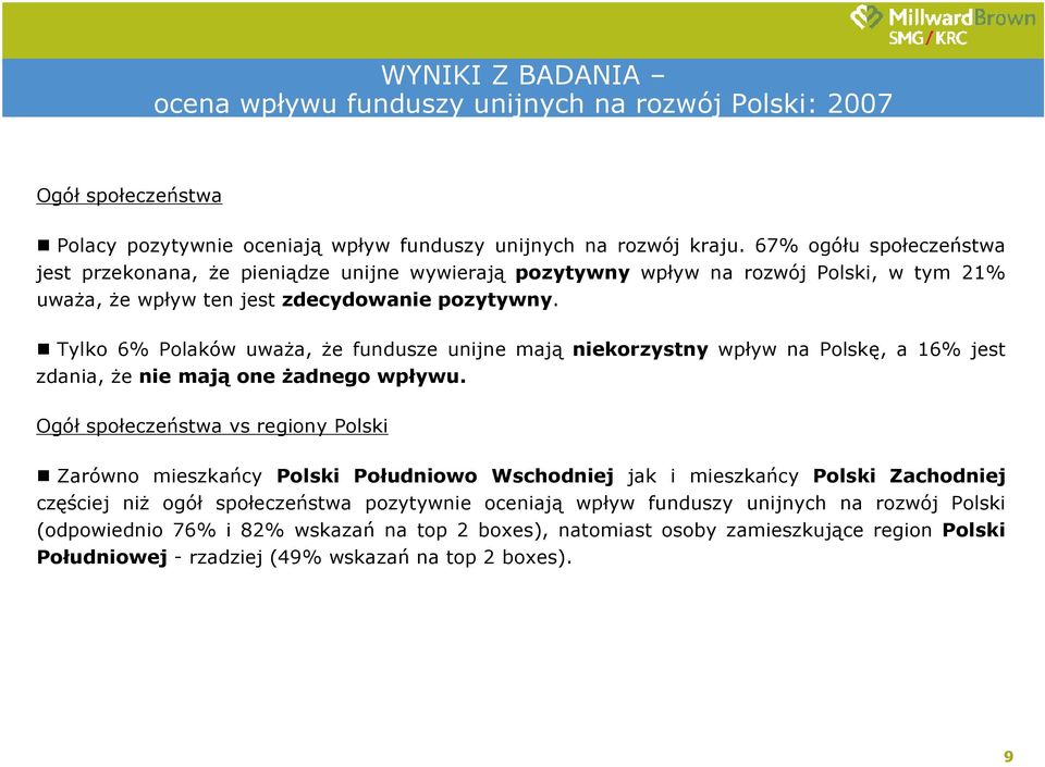 Tylko 6% Polaków uwaŝa, Ŝe fundusze unijne mają niekorzystny wpływ na Polskę, a 16% jest zdania, Ŝe nie mają one Ŝadnego wpływu.