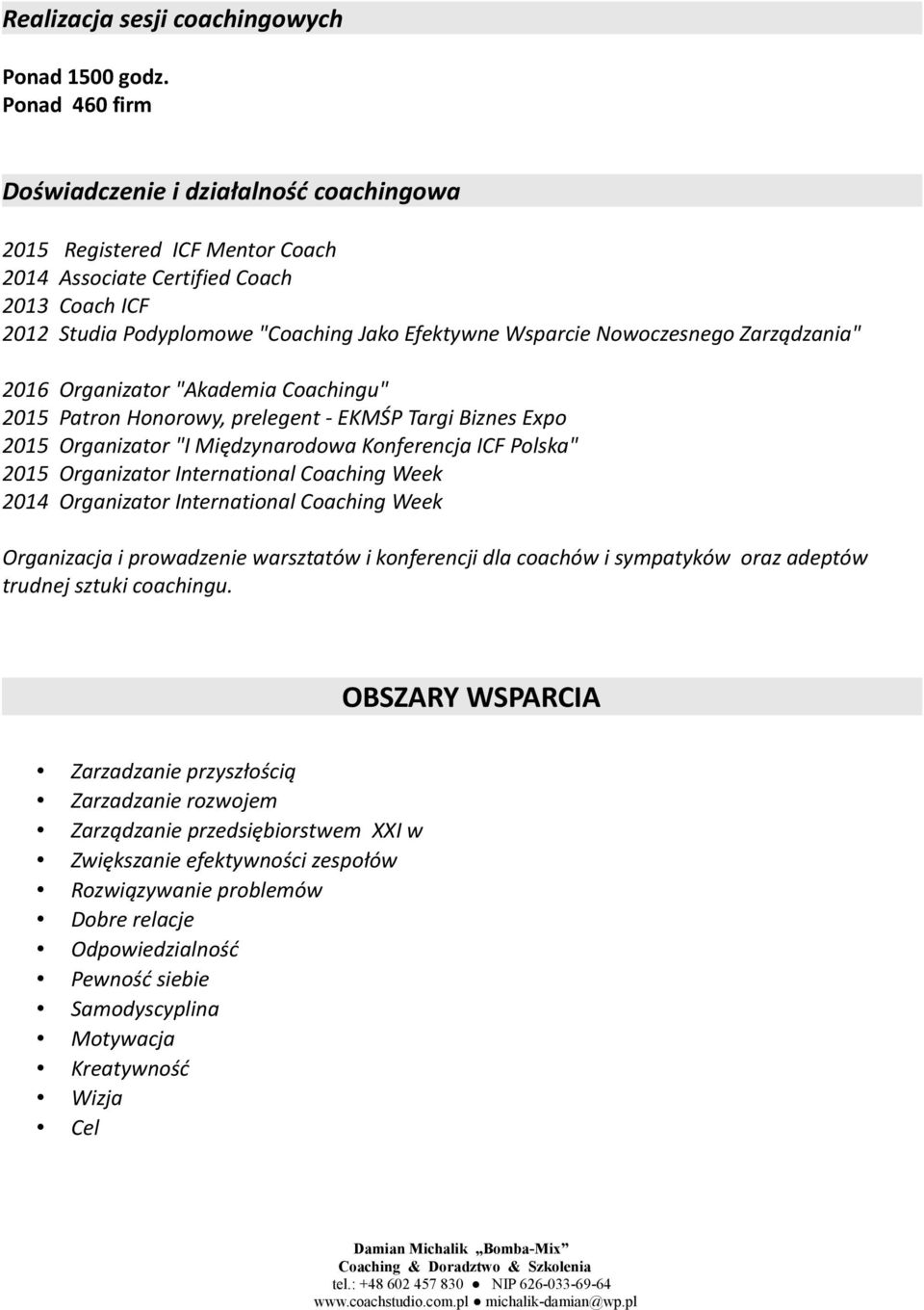 Nowoczesnego Zarządzania" 2016 2015 2015 2015 2014 Organizator "Akademia Coachingu" Patron Honorowy, prelegent - EKMŚP Targi Biznes Expo Organizator "I Międzynarodowa Konferencja ICF Polska"