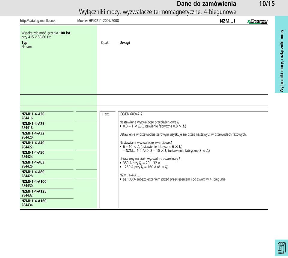 NZMH1-4-A100 284430 NZMH1-4-A125 284432 NZMH1-4-A160 284434 IEC/EN 60947-2 Nastawiane wyzwalacze przeciążeniowe I r 0.8 1 x I n (ustawienie fabryczne 0.