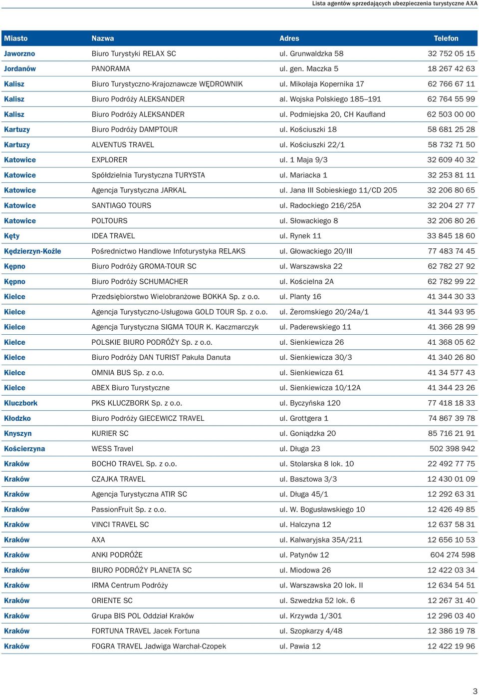 Podmiejska 20, CH Kaufland 62 503 00 00 Kartuzy Biuro Podróży DAMPTOUR ul. Kościuszki 18 58 681 25 28 Kartuzy ALVENTUS TRAVEL ul. Kościuszki 22/1 58 732 71 50 Katowice EXPLORER ul.