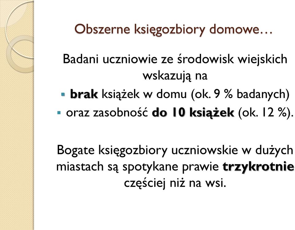 9 % badanych) oraz zasobność do 10 książek (ok. 12 %).